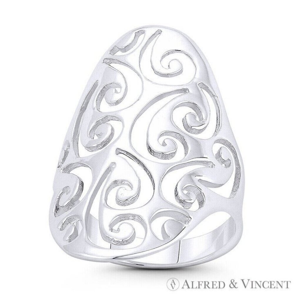 Spiral Pattern Cutout Oval Boho Statement Ring in .925 Sterling Silver - Size 10